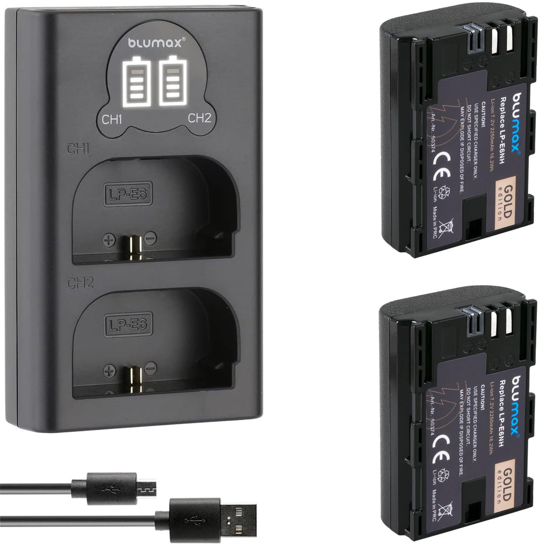 2X Blumax Gold Akku kompatibel mit Canon LP-E6NH (2250mAh) mit Infochip - NTC-Sensor & V1-Gehäuse +