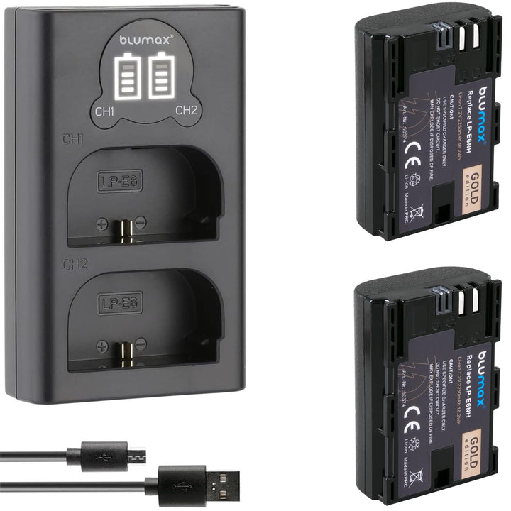 2X Blumax Gold Akku kompatibel mit Canon LP-E6NH (2250mAh) mit Infochip - NTC-Sensor & V1-Gehäuse +