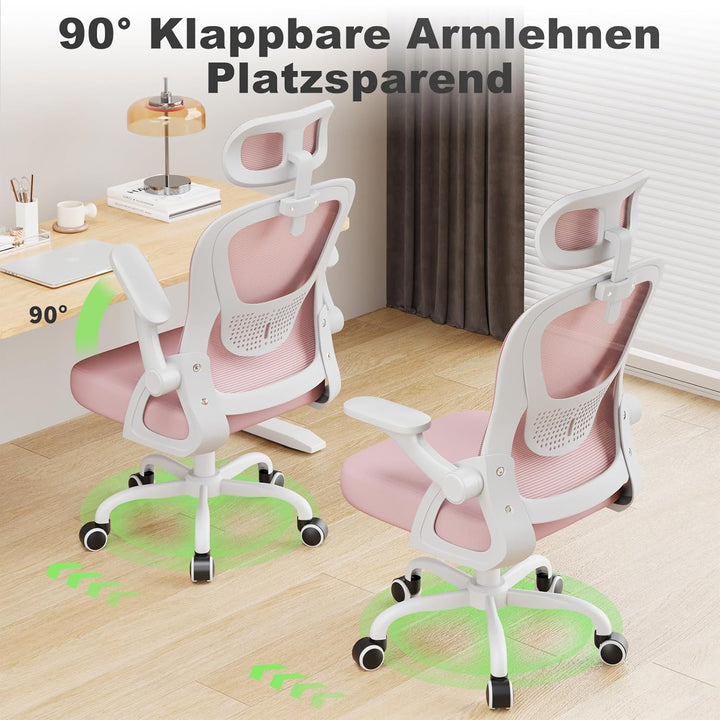 rattantree Bürostuhl Ergonomisch, Schreibtischstuhl mit Hochklappbaren Armlehnen, Kopfstütze und Rüc