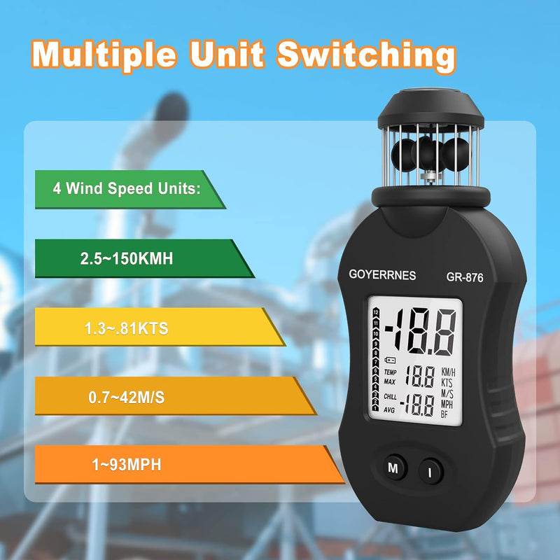 Windmesser Digitales Anemometer GR-876 Handwindmessgerät 0.7~42m/s Taschenanemometer Luftgeschwindig