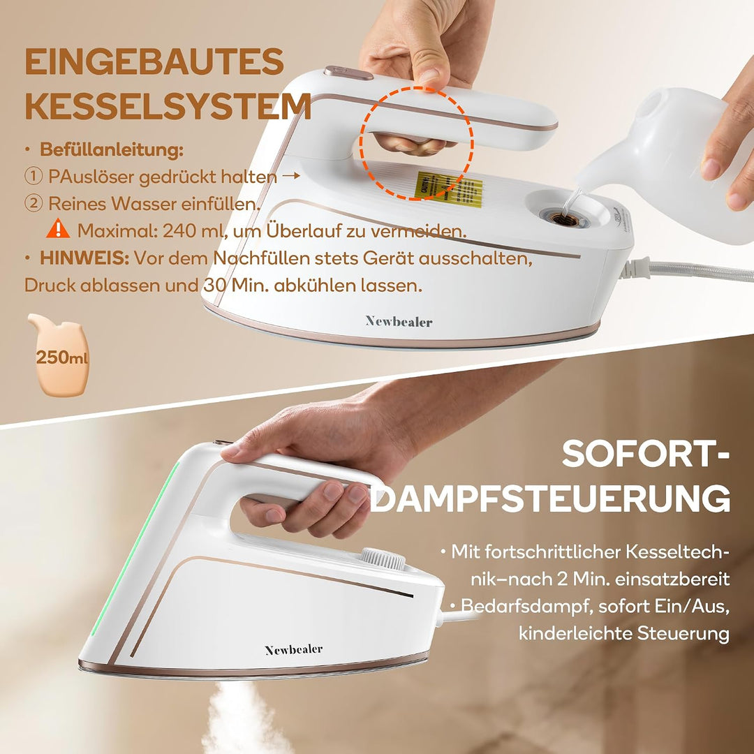 Newbealer Dampfbügeleisen, 1500W Bügeleisen, 5 Bar Dampfdruck, 250 ml Wassertank, max. 100 g/min Dam