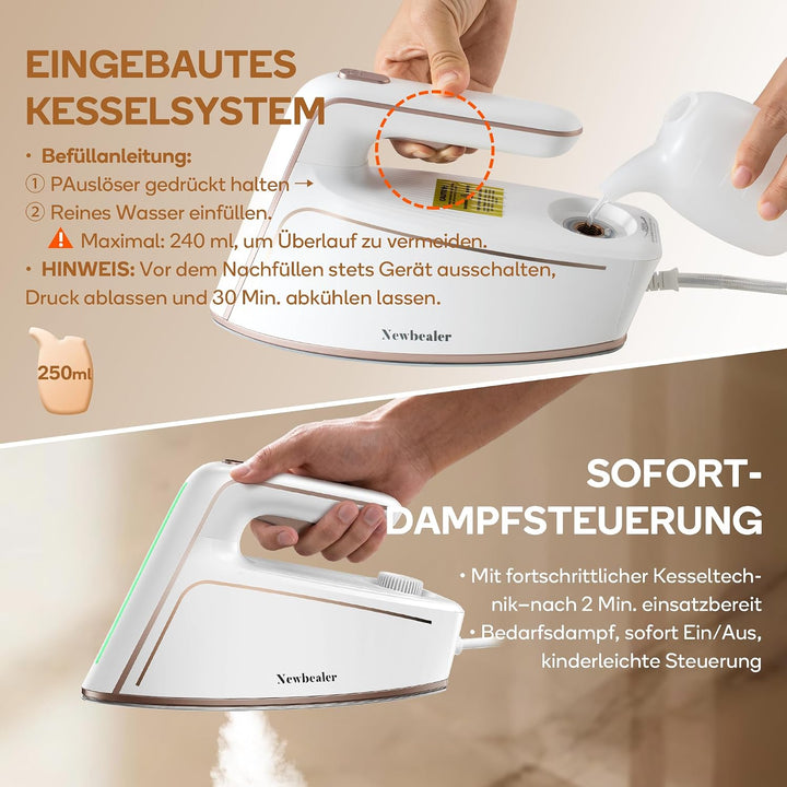 Newbealer Dampfbügeleisen, 1500W Bügeleisen, 5 Bar Dampfdruck, 250 ml Wassertank, max. 100 g/min Dam