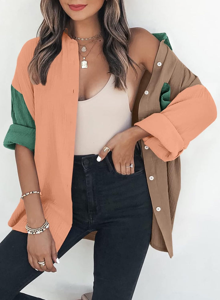 Dokotoo Kordhemd für Damen, Knopfleiste, Boyfriend-Stil, langärmelig, Oversized-Bluse, Top A Khaki S