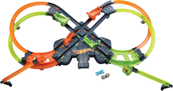 Hot Wheels GFH87 - Super Mega Crash Grosse Rennbahn mit 8er Looping Kurve XXL 1,5 m breites Spielset