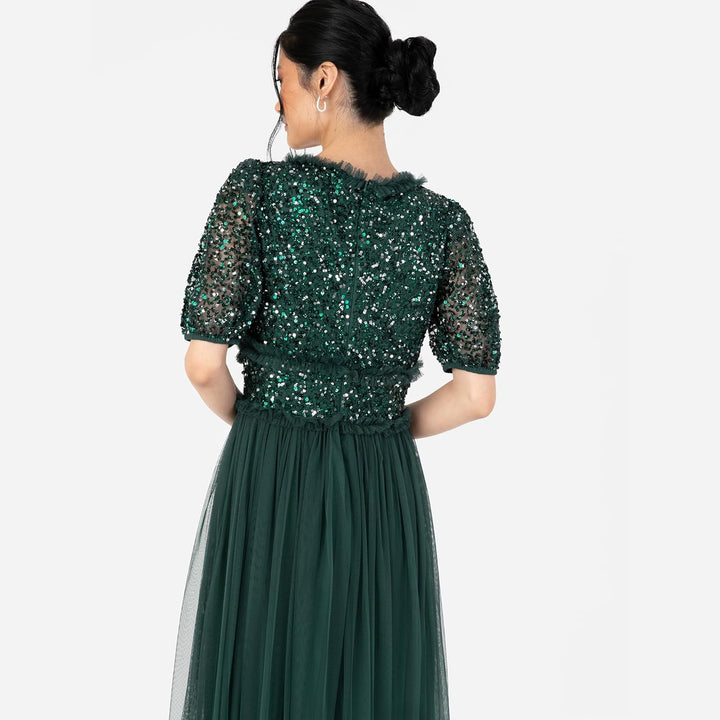 Maya Deluxe Damen Women's Maxi Dress Ladies V-Neck Short Sleeve Sequin Embellished Tulle Ruffle for
