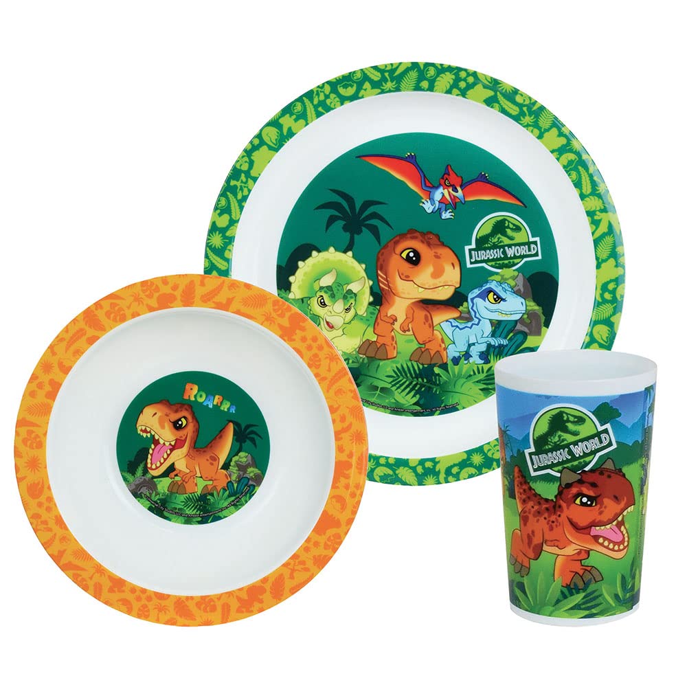 Fun House 0066 Jurassic World Dinosaurier-Mahlzeitenset für Kinder mit 22 cm flacher Teller, 16 cm t