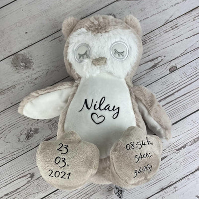 mamir home Eule Kuscheltier personalisiert mit Name + Geburtsdaten I 28cm Plüschtier I Baby Geschenk