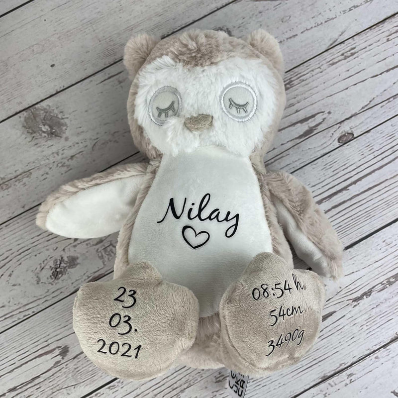 mamir home Eule Kuscheltier personalisiert mit Name + Geburtsdaten I 28cm Plüschtier I Baby Geschenk