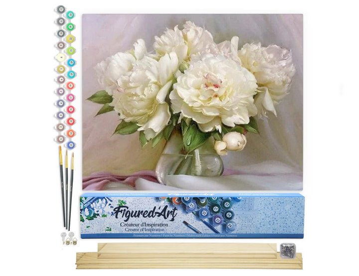Figured'Art Malen Nach Zahlen Erwachsene Mit Rahmen Weisse Pfingstrosen - Paint by Numbers Basteln D
