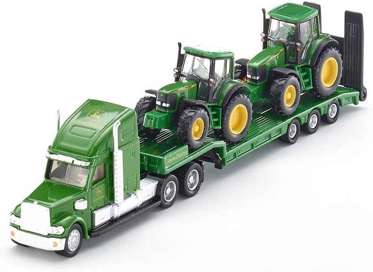 siku 1837, Tieflader mit 2 John Deere Traktoren, 1:87, Metall/Kunststoff, Grün, Klappbare Heckklappe