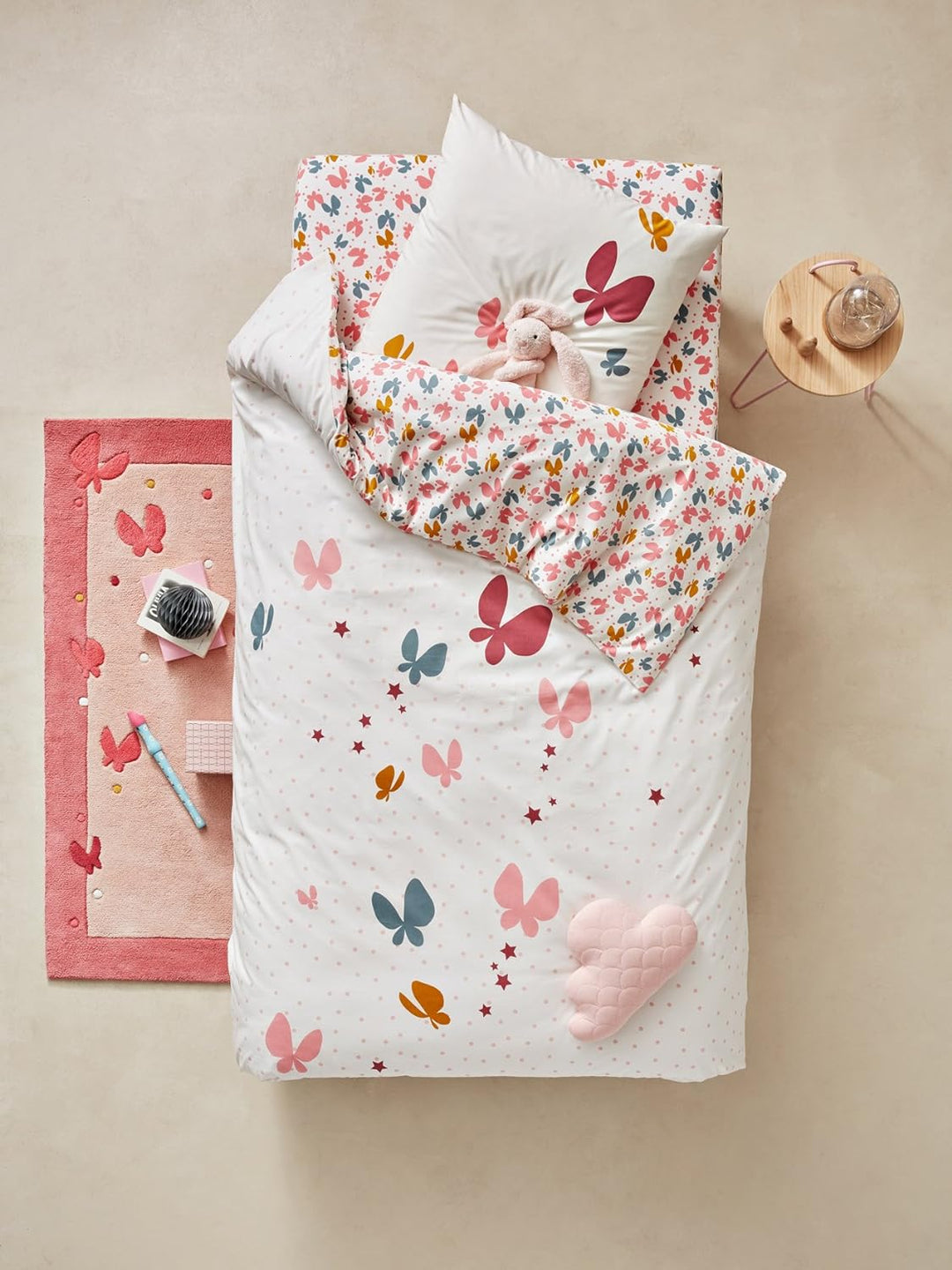 Vertbaudet Bettwäsche-Set für Kinder Schmetterlinge rosa Bedruckt 140X150 - Kissen 63X63 140X150 - K
