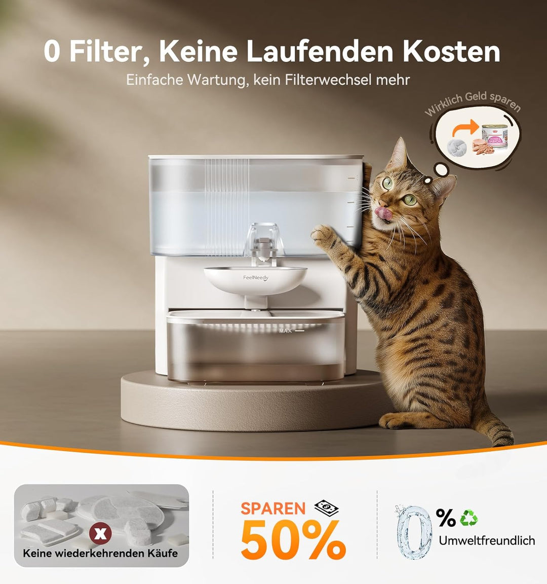 FEELNEEDY Katzenbrunnen Kabellos Ohne Filter|Trennung von Frisch und Abwasser|Trinkbrunnen für Katze