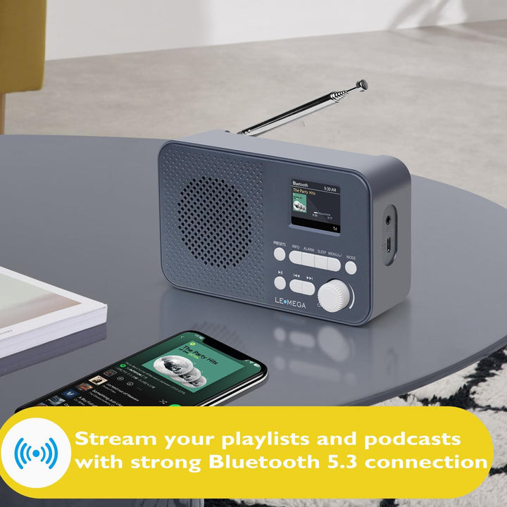 Tragbares DAB+-Radio mit Bluetooth | Wiederaufladbarer Akku mit 15 Stunden Spielzeit oder Netzbetrie