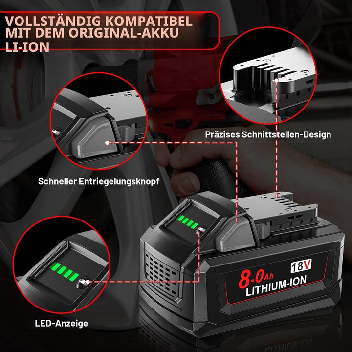2X 18V 8.0Ah/8000mAh Ersatzakku für Milwaukee M18 + 4A Ladegerät Kompatibel für Milwaukee 18V Akku M