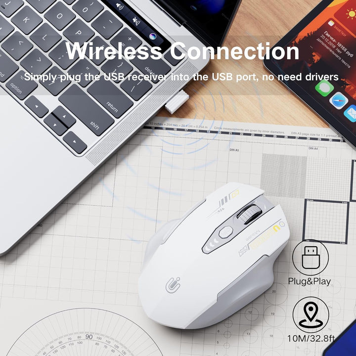 Uineer kabellose Maus, [Upgraded] Visuelle Batterieanzeige, Ergonomische Maus kabellos 2.4G USB, 4 e