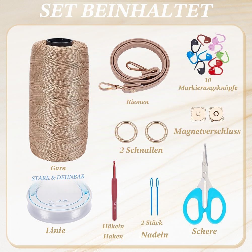 FREEBLOSS DIY Set Zur Herstellung von Häkeltaschen Häkel Starter Mit Video Tutorial Griff Aus PU Led