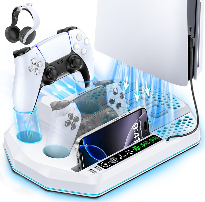 PS5 Standfuss mit 3 Stufen Lüfter und PS5 Controller Ladestation für PS5/PS5 Slim Konsole, PS5 Ständ