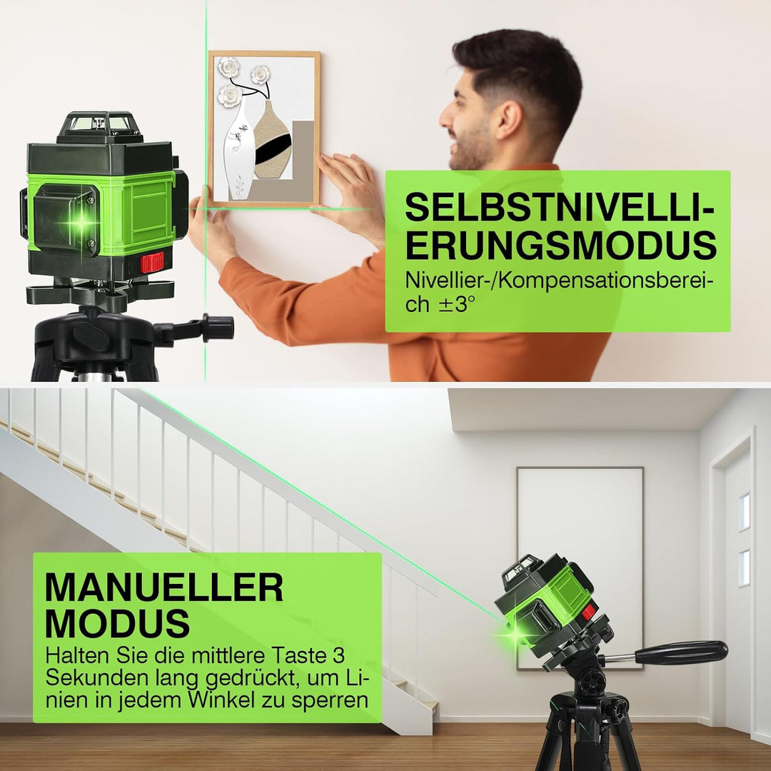 Kreuzlinienlaser Geevorks Laser Wasserwaage 4D 16 Linien 3° Selbstnivellierende 2*2,4 Ah Akku 25M fü