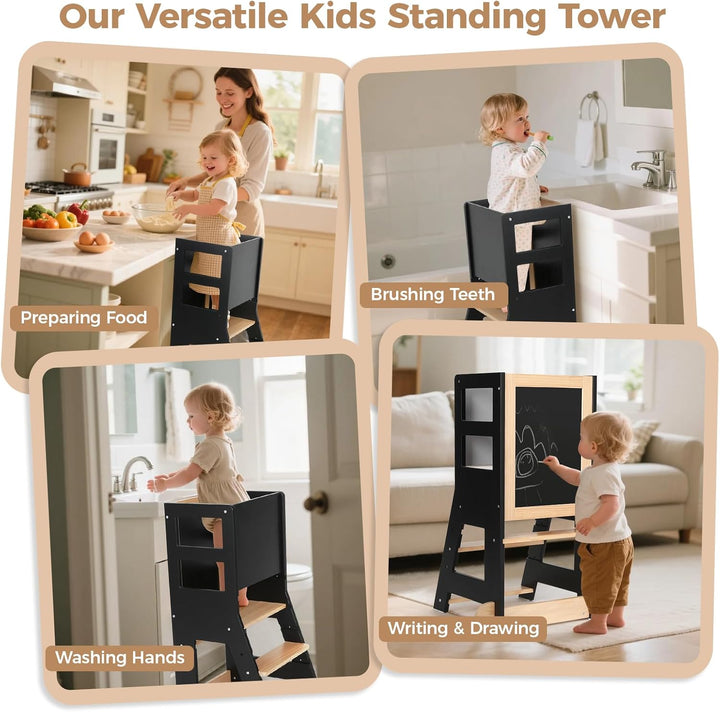 KIDINIX Kinder Lernturm ab 1 Jahr, Learning Tower mit Tafel, Höhenverstellbar, Montessori-Lernstuhl