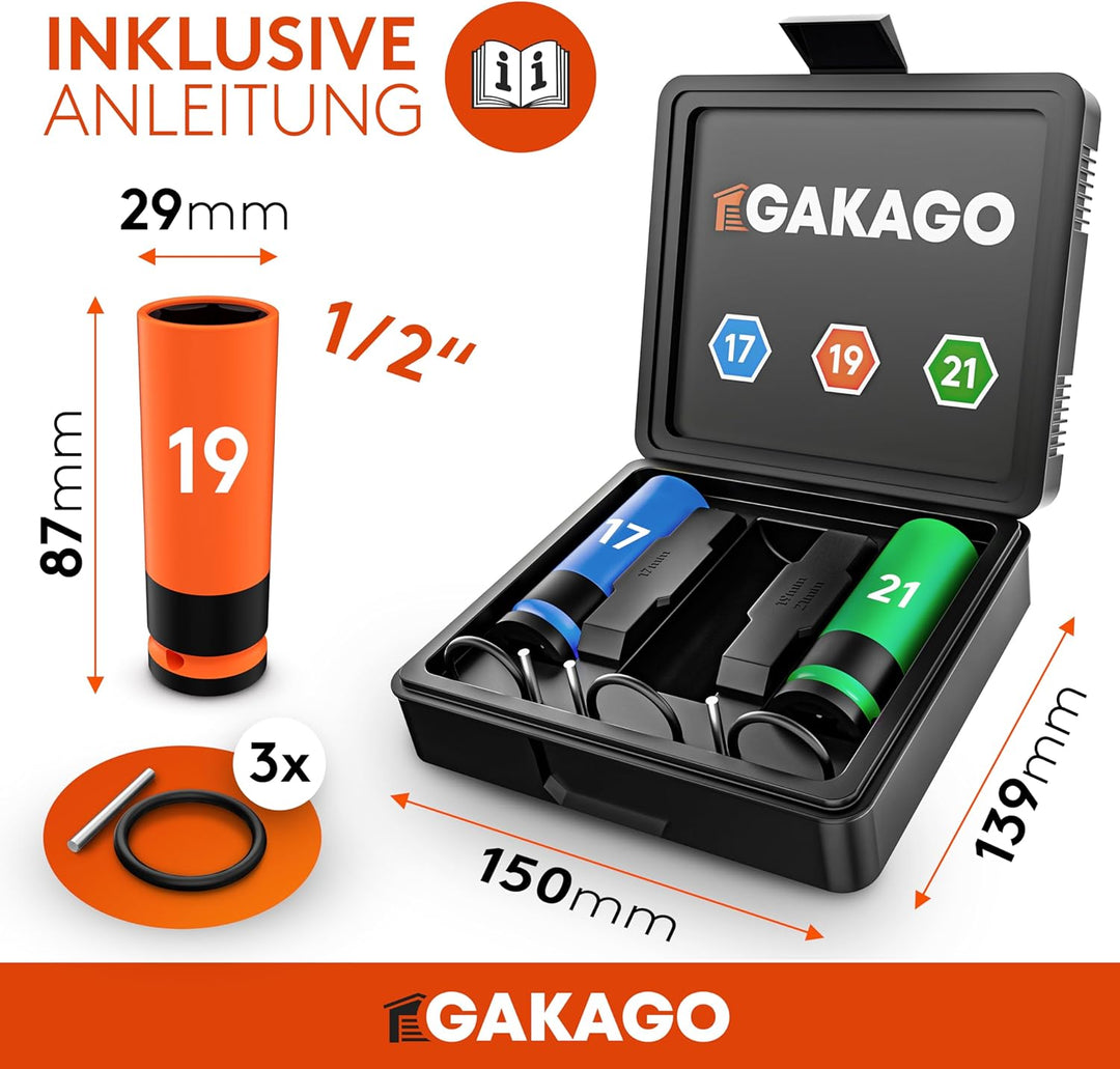 Gakago Kraft-Schoneinsatz - 17mm 19mm 21mm Radschrauben Nuss Set mit Kunststoff-Felgenschutz - 1/2 Z