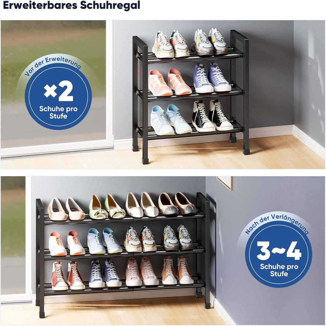 Schuhregal Platzsparend, 3 Etagen Schuhablage Ausziehbar 46.7-83.8cm | Schuhaufbewahrung Metall für
