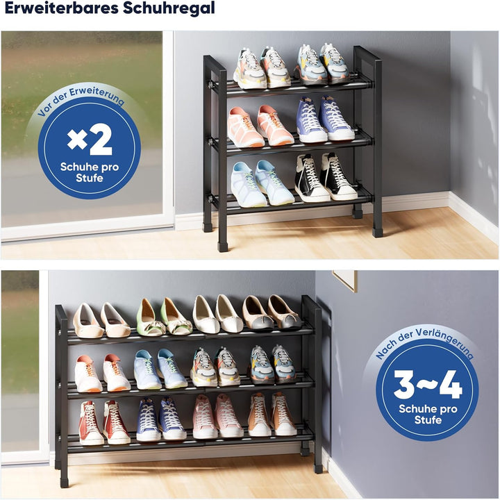 Schuhregal Platzsparend, 3 Etagen Schuhablage Ausziehbar 46.7-83.8cm | Schuhaufbewahrung Metall für