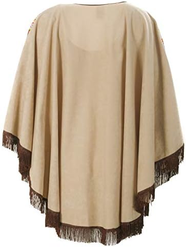 KarnevalsTeufel Erwachsenenkostüm Western Poncho in beige mit gemusterter Borte und braunen Fransen