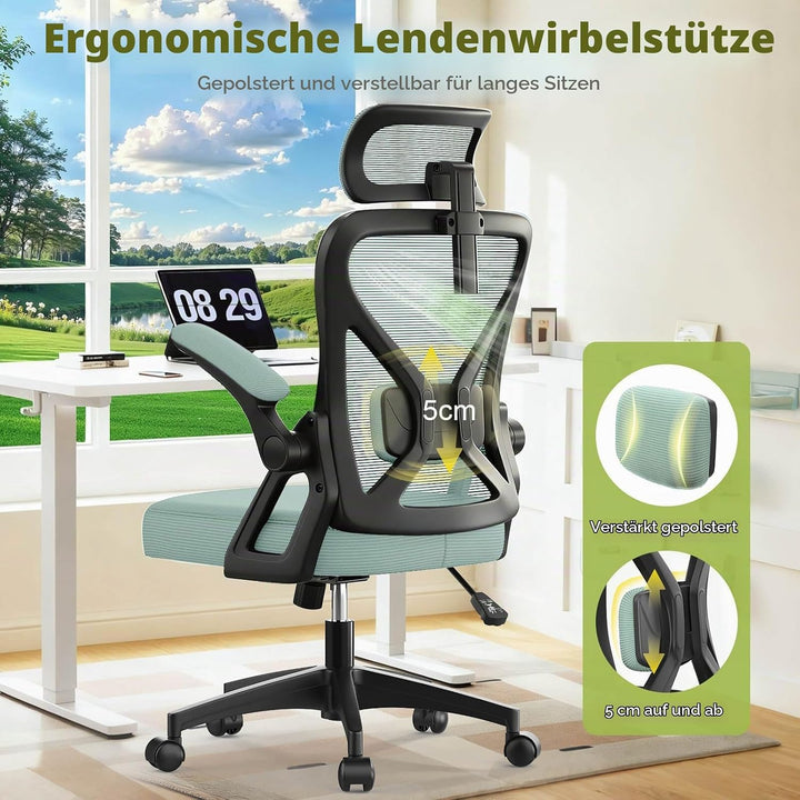 Bürostuhl, ergonomischer Schreibtischstuhl mit gepolsterter Lendenwirbelstütze und hochklappbaren Ar