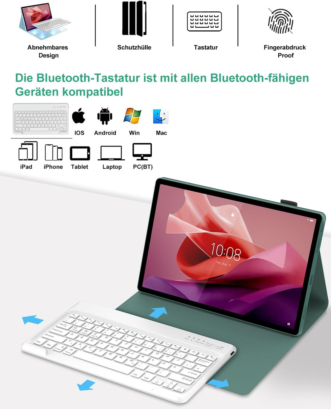 FOGARI Tastatur Hülle für Lenovo Tab P12 12.7" 2023, QWERTZ Layout, Hülle Tastatur mit Magnetisch Ab