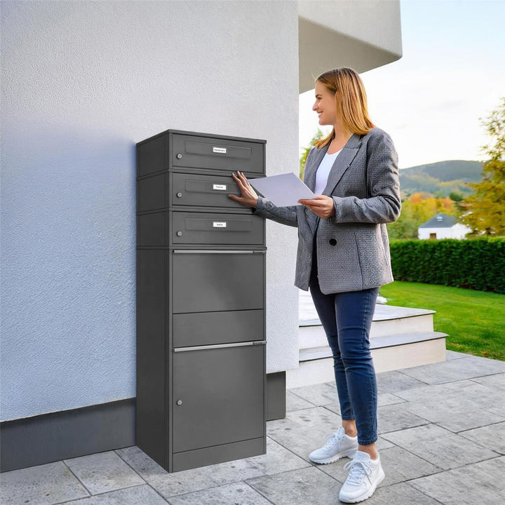 Metzler Paketbox mit 3 Briefkästen – 3er Briefkasten mit Paketfach & austauschbarem Namensschild – P