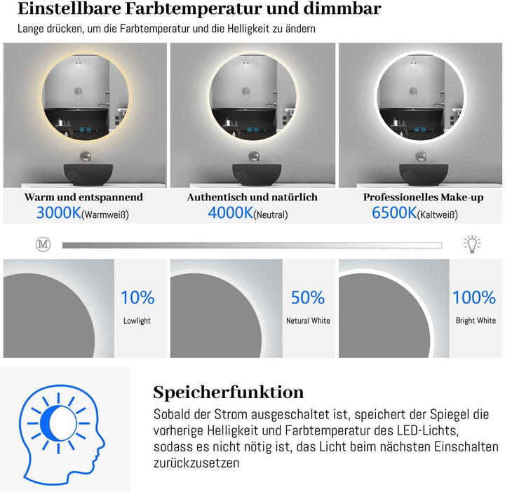 Badspiegel mit Beleuchtung Rund 60 cm LED Spiegel Bad mit DREI Lichtfarbe dimmbar Touch-Schalter Bad