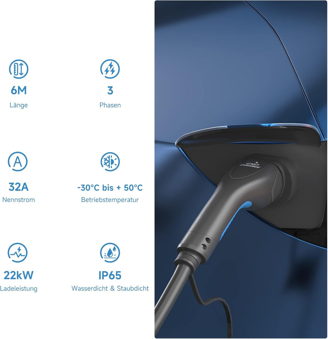 EVDANCE Typ 2 Ladekabel 22KW 6m 32A 3 Phasig, Ladekabel Typ 2 mit Tasche für E Auto EV/PHEV, Typ 2 a