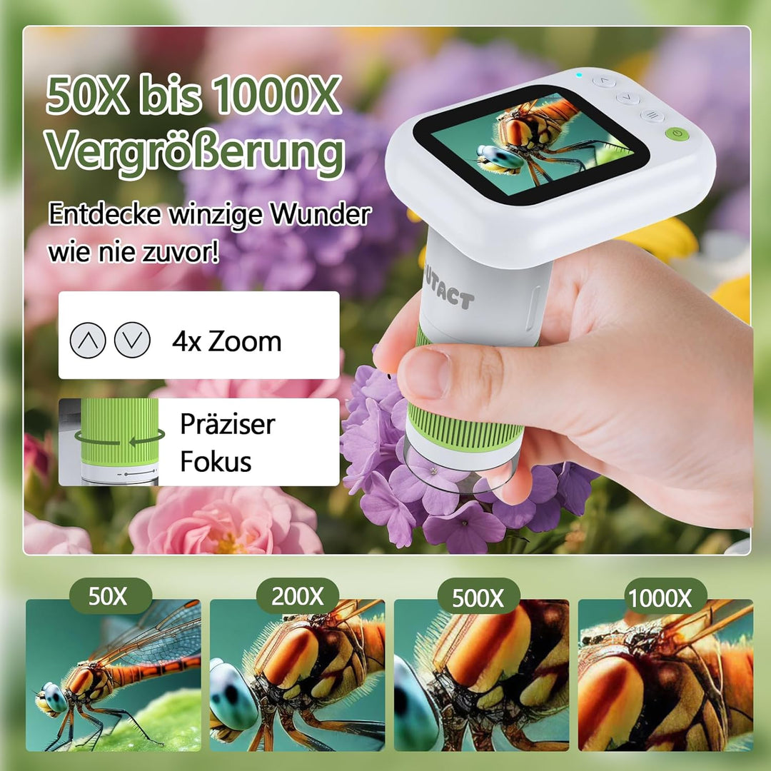 Tragbares Mikroskop für Kinder mit Ständer,50X-1000X 2.0 IPS-Bildschirm Digitales Mikroskop mit 8 LE