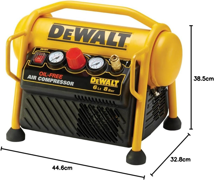 DeWalt mobiler Kompressor (1100 W, 6 L, 8 bar, kompakte Ausführung, ölfreier Motor, inkl. 5 m Luftsc