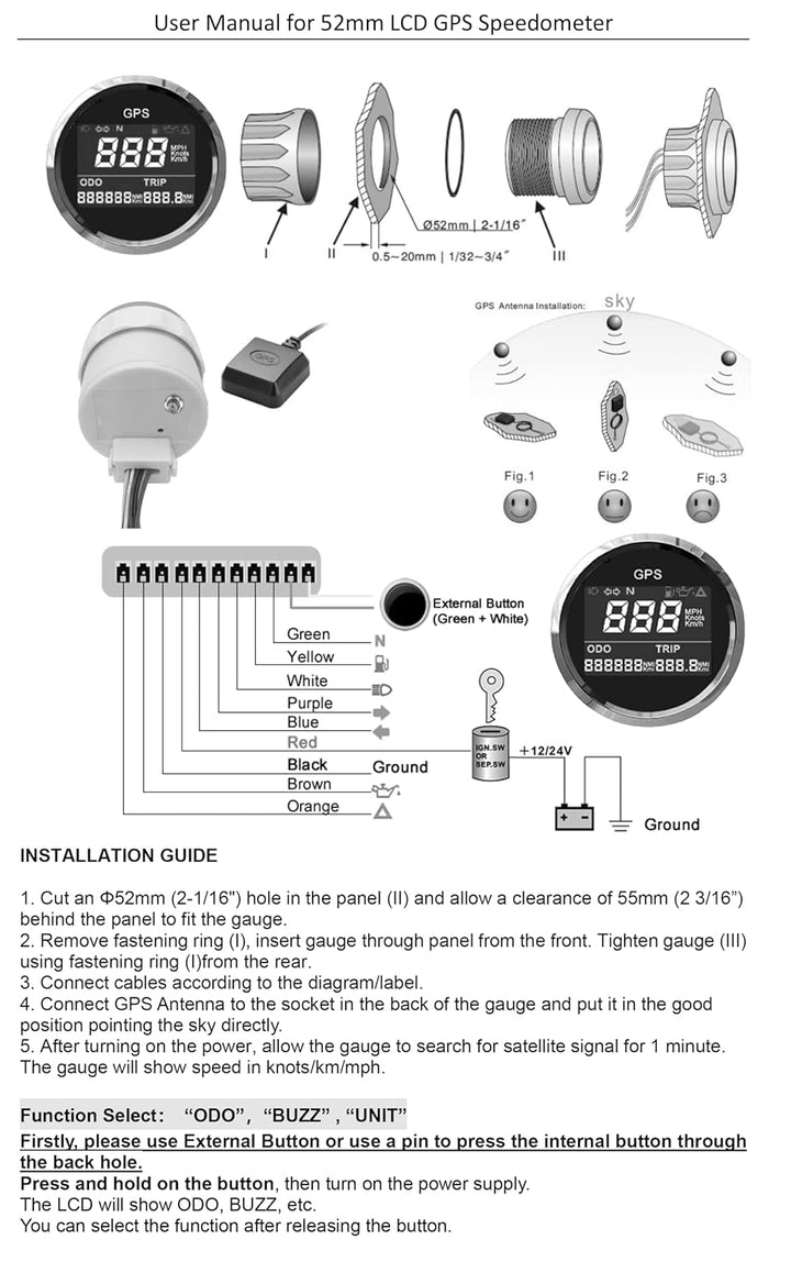 ELING Digital GPS Tachometer Einstellbare Kilometerzähler Für Boot Yacht Motorrad Auto 2 zoll (52mm)