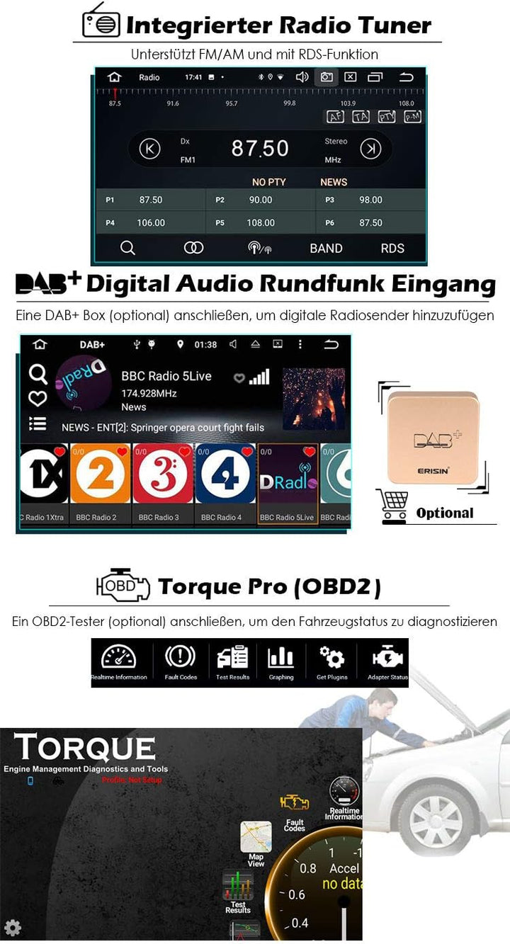 Erisin Android 10.0 8-Kern Autoradio Mit GPS für Audi A4 S4 RS4 RNS-E Seat Exeo 7 Zoll Navigation DA
