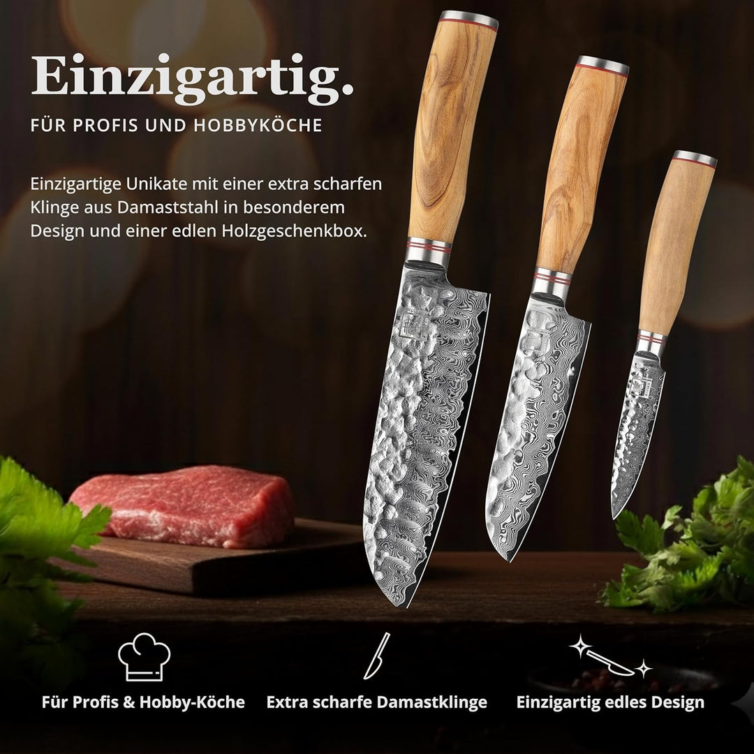 zayiko Minami Premium 3er Damastmesser-Set mit Klingen von 9-17 cm gefertigt aus 67 Lagen echtem Dam