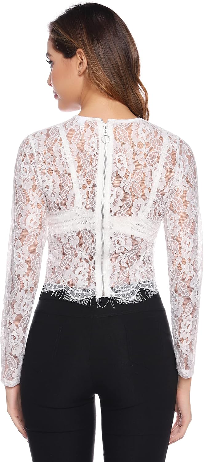 Spitzenbluse Damen Langarm Sexy Mesh Oberteil Transparentes Spitzen-Top Elegantes Rundhals Dirndl Bl