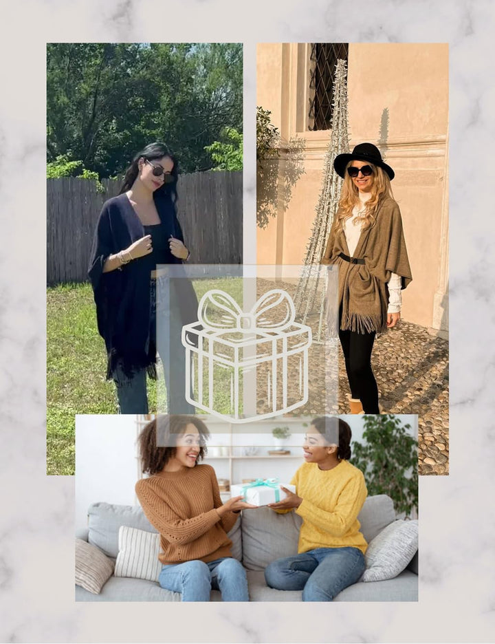 Ferand Damen Poncho mit Offener Vorderseite und Taschen, Weiche Strick Cape mit Fransen für Herbst W