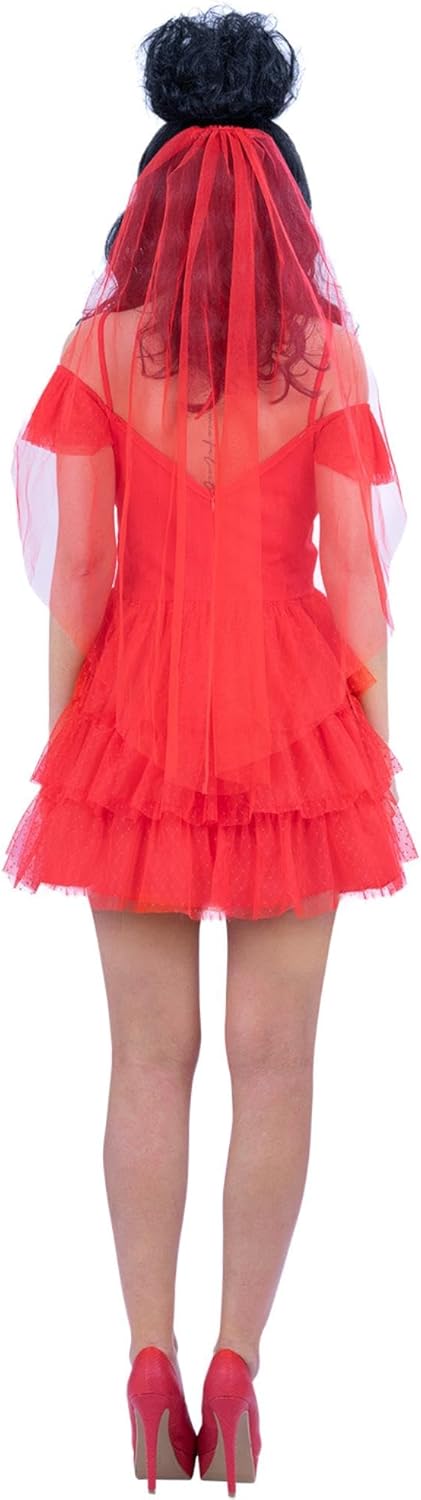 Smiffys Beetlejuice Lydia Bride Erwachsenenkostüm Kleid und Schleier in Rot mit durchsichtigen Ärmel