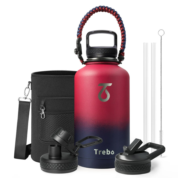 Thermosflasche mit Strohhalm 2L, Trebo Trinkflasche Edelstahl mit Paracord-Griff & 3 Deckeln, Edelst