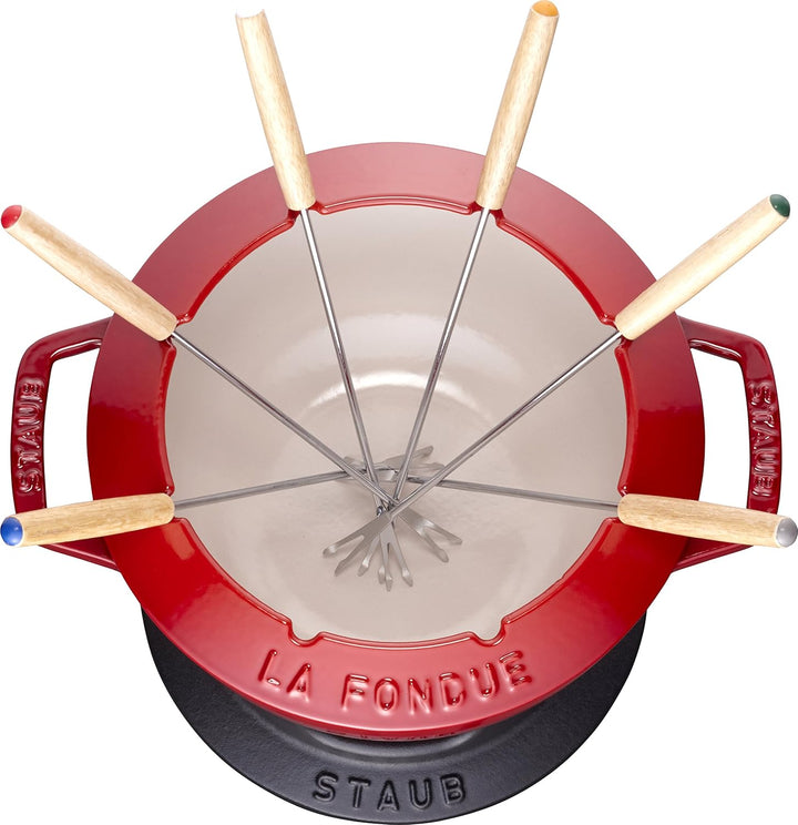 STAUB Fondue Set mit 6 Gabeln, Geeignet für Käse- Schoko- und Fleisch-Fondue, Gusseisen, 18 cm, Kirs