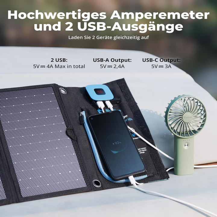 BigBlue 28W Tragbar Solar Ladegerät 2-Port USB(5V/4A insgesamt), IPX4, Solarpanel mit Digital Ampere