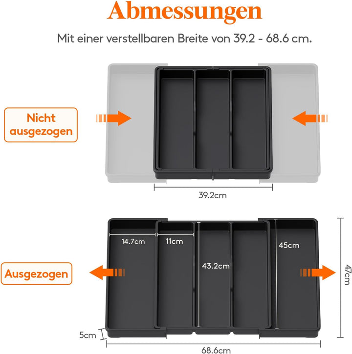 Lifewit Besteckkasten für Schubladen, Grosser Utensilienständer Erweiterbar auf 69 cm, verstellbarer