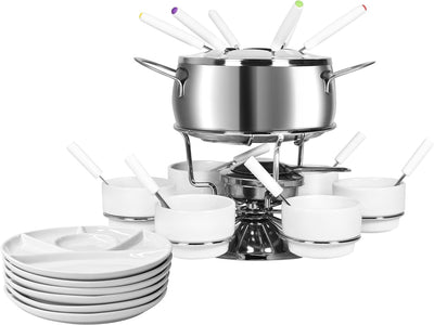 Ribelli Fondue Set 28-teilig Edelstahl 6X Gabel, Löffel, Teller, Schälchen Käsefondue Fleischfondue