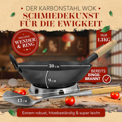 KRUSTENZAUBER 30cm Wokpfanne Induktion voreingebrannt - Traditionelle Stahlwokpfanne mit Wokwender u