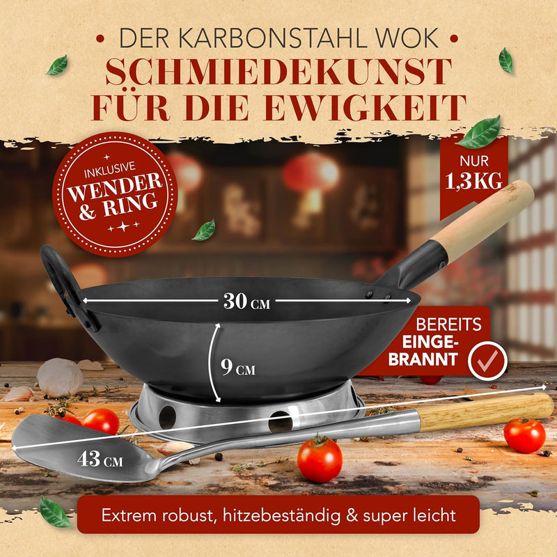 KRUSTENZAUBER 30cm Wokpfanne Induktion voreingebrannt - Traditionelle Stahlwokpfanne mit Wokwender u