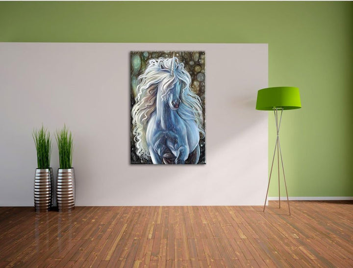 Pixxprint Trabendes weisses Einhorn als Leinwandbild/Grösse: 100x70 / Wandbild/Kunstdruck/fertig bes