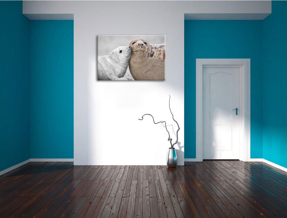 süsse Robben schmusen schwarz/weiss Format: 100x70 auf Leinwand, XXL riesige Bilder fertig gerahmt m