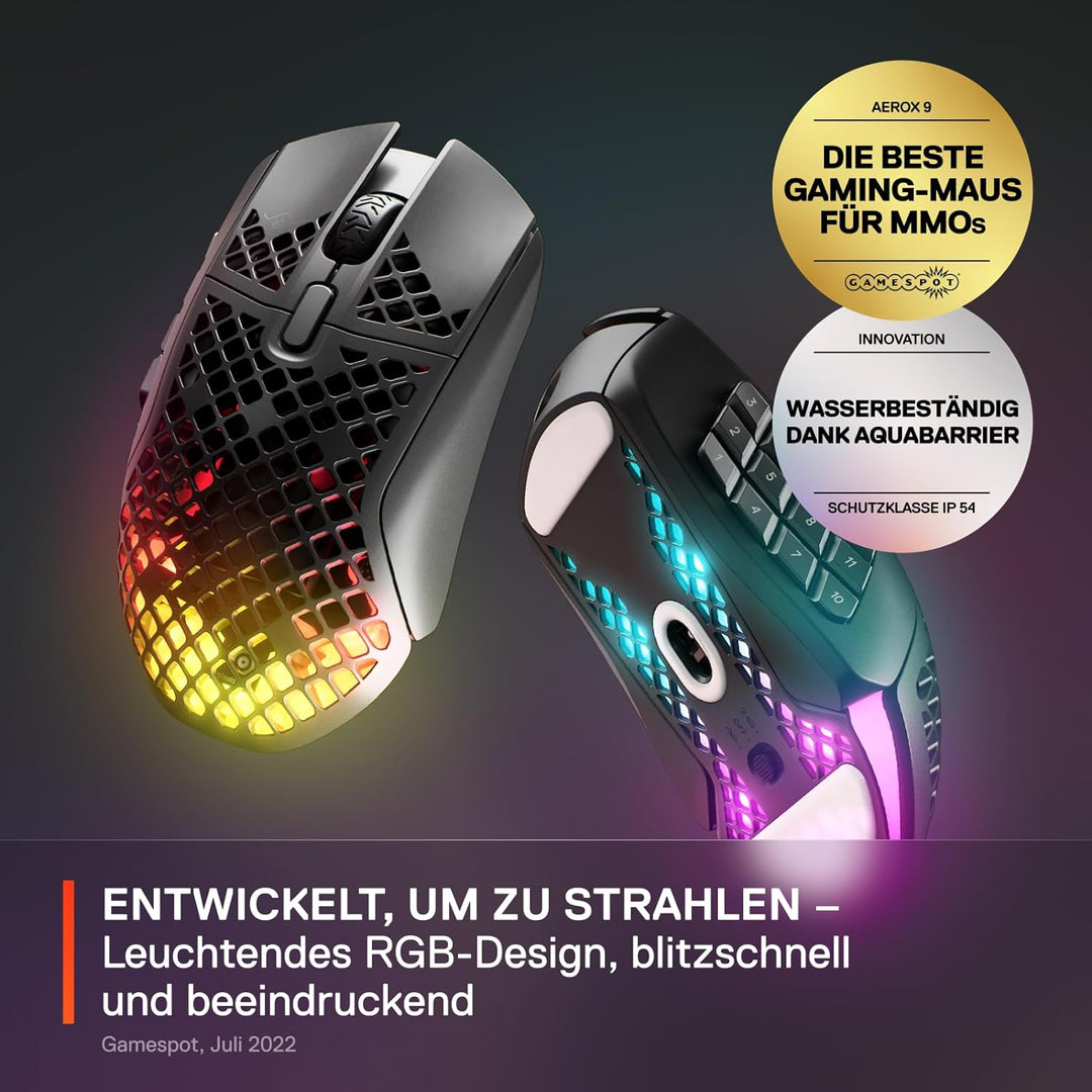 SteelSeries Aerox 9 Wireless Gaming-Maus – Ultraleicht für MMOs/MOBAs – 89 g Gewicht – 18 programmie